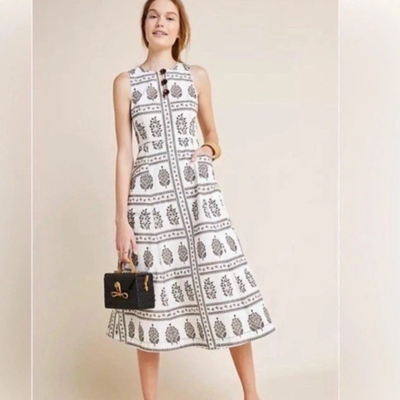 Anthropologie Dresses & Skirts - Anthropologie Woodblock Midi Dress Floral Print Fit & Flare White Black US 6